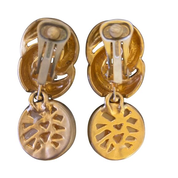 2" x 7/8" Vintage Gold-Tone Clip-On Earrings With Faux Pearls & Abstract Design - Picture 3 of 10